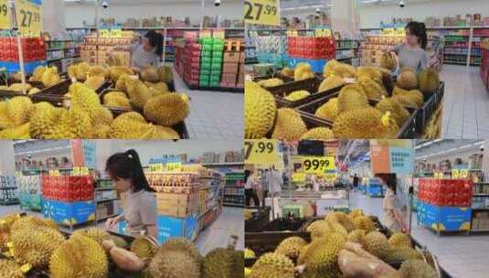 亚洲年轻女子超市购物选购榴莲高清在线视频素材下载