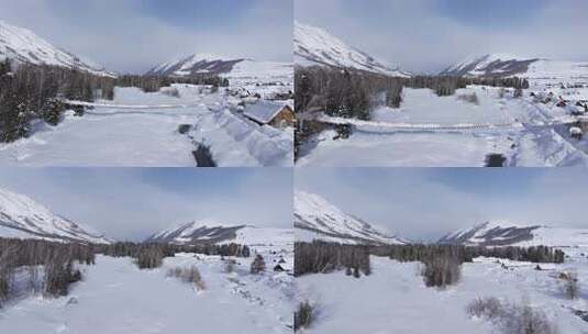 航拍新疆禾木雪景森林雪地小木屋禾木桥雪山高清在线视频素材下载