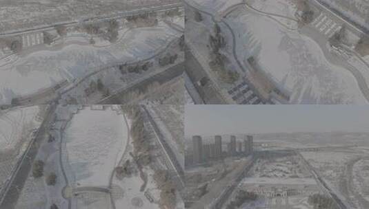 冬季雪景下的公园全景俯瞰高清在线视频素材下载