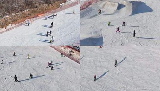 滑雪场多人滑雪的热闹场景高清在线视频素材下载