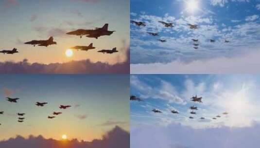 战斗机编队空中起飞穿梭云层高清在线视频素材下载