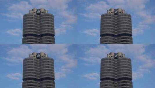 蓝天白云下的宝马总部大楼高清在线视频素材下载