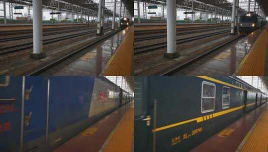 实拍绿皮火车驶入站台高清在线视频素材下载