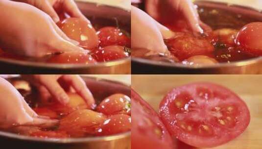 【镜头合集】一盆清水浸泡清洗西红柿高清在线视频素材下载