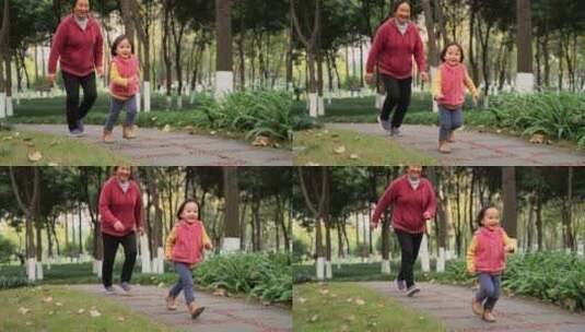 奶奶和孙女在公园玩耍奔跑追逐高清在线视频素材下载