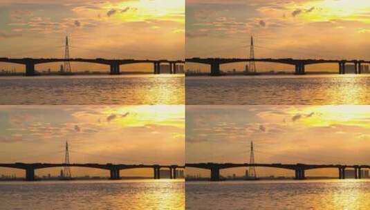 日落时分杭州钱塘江下沙大桥车水马龙高清在线视频素材下载