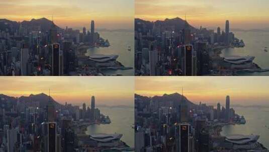 香港航拍港岛高楼大厦大景黄昏晚霞高清在线视频素材下载