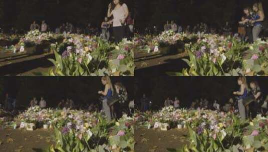 绿色公园花卉贡品和哀悼者特写高清在线视频素材下载