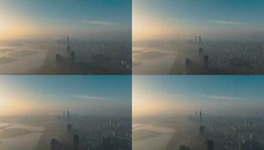 航拍日出平流雾下的南京城市风光高清在线视频素材下载