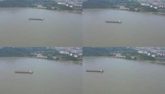 航拍江中行驶货运大船高清在线视频素材下载