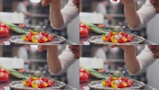 厨师在沙拉上撒糖特写高清在线视频素材下载