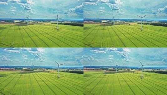 稻田里的风力发电高清在线视频素材下载