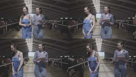 肖像两个女孩农民和农场里的奶牛一起参观谷仓高清在线视频素材下载