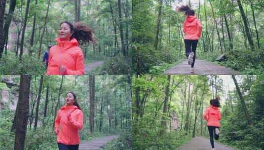 美女在林荫大道里跑步健身高清在线视频素材下载