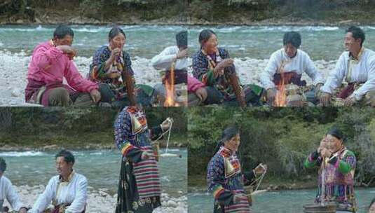 藏民在河边劳作生活聚会纺线织布打酥油茶高清在线视频素材下载