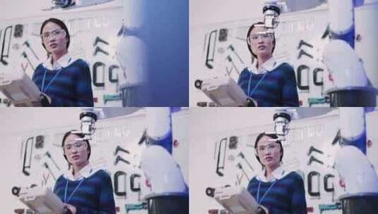 女工程师在实验室测试机械臂高清在线视频素材下载