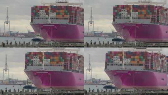 拖船拖万吨货轮进出港口高清在线视频素材下载