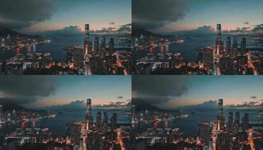 航拍香港城市夜景维多利亚港湾黑金科幻赛博高清在线视频素材下载