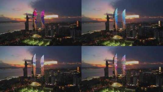 航拍厦门世贸双子塔夜景延时高清在线视频素材下载