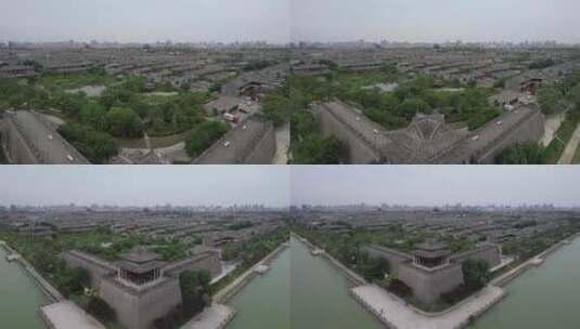 山东聊城中国水上古城古城墙角楼航拍高清在线视频素材下载