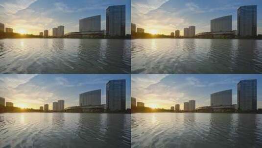 上海松江凯悦酒店建筑风光与五龙湖公园湖景高清在线视频素材下载