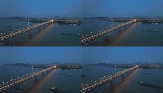 南京长江大桥夜景风光货船从长江大桥通过高清在线视频素材下载