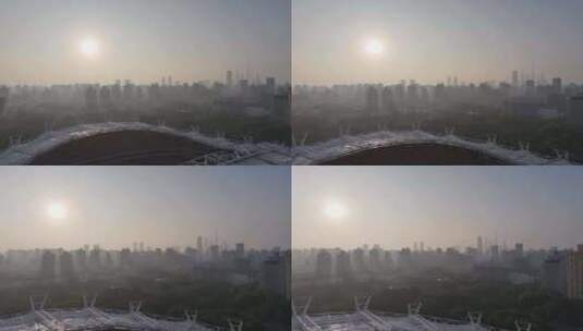 上海虹口足球场清晨航拍高清在线视频素材下载