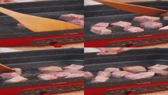 番茄土豆炖牛肉-06下入牛肉块煎炒高清在线视频素材下载
