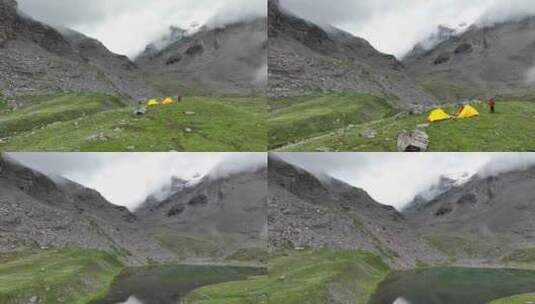 航拍四川阿坝松潘攀登四根香峰的登山者营地高清在线视频素材下载