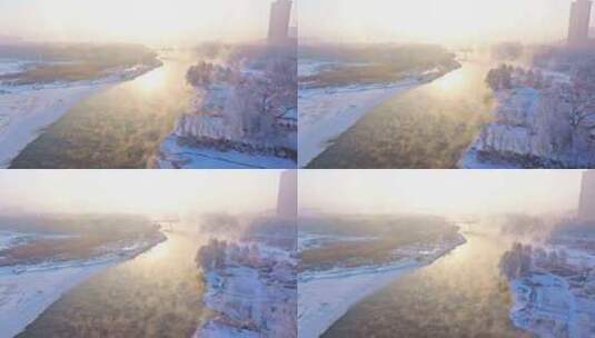 东北冬季雾凇树挂洁白唯美雪景航拍高清在线视频素材下载