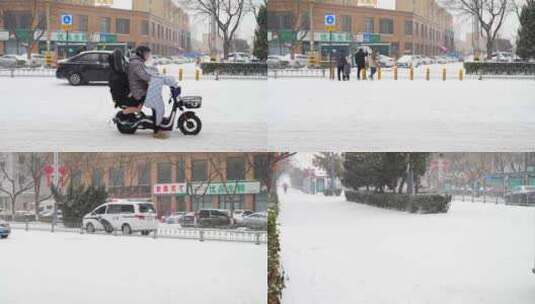 汽车 非机动车 行人 下雪骑电动车高清在线视频素材下载