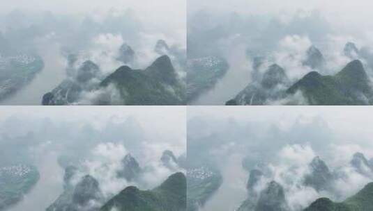 航拍广西桂林烟雨漓江水墨画高清在线视频素材下载