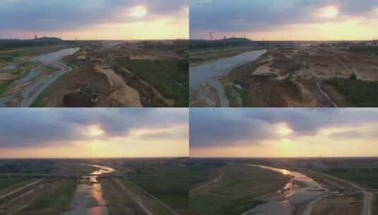 建设中的枣庄蟠龙河大桥夕阳余晖高清在线视频素材下载