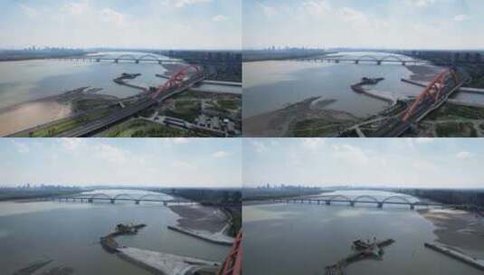 杭州钱塘江九堡大桥蓝天白云江边风景航拍高清在线视频素材下载