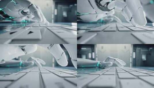 4K-人工智能机器人在键盘上打字的慢镜头高清在线视频素材下载