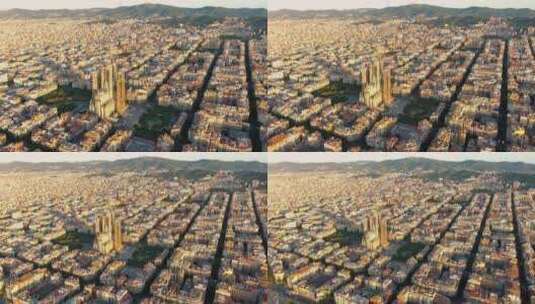 巴塞罗那城市天际线和圣家堂的鸟瞰图。Ei高清在线视频素材下载