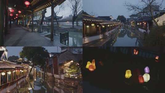 江南水乡锦溪古镇古风长廊夜景苏州古镇高清在线视频素材下载